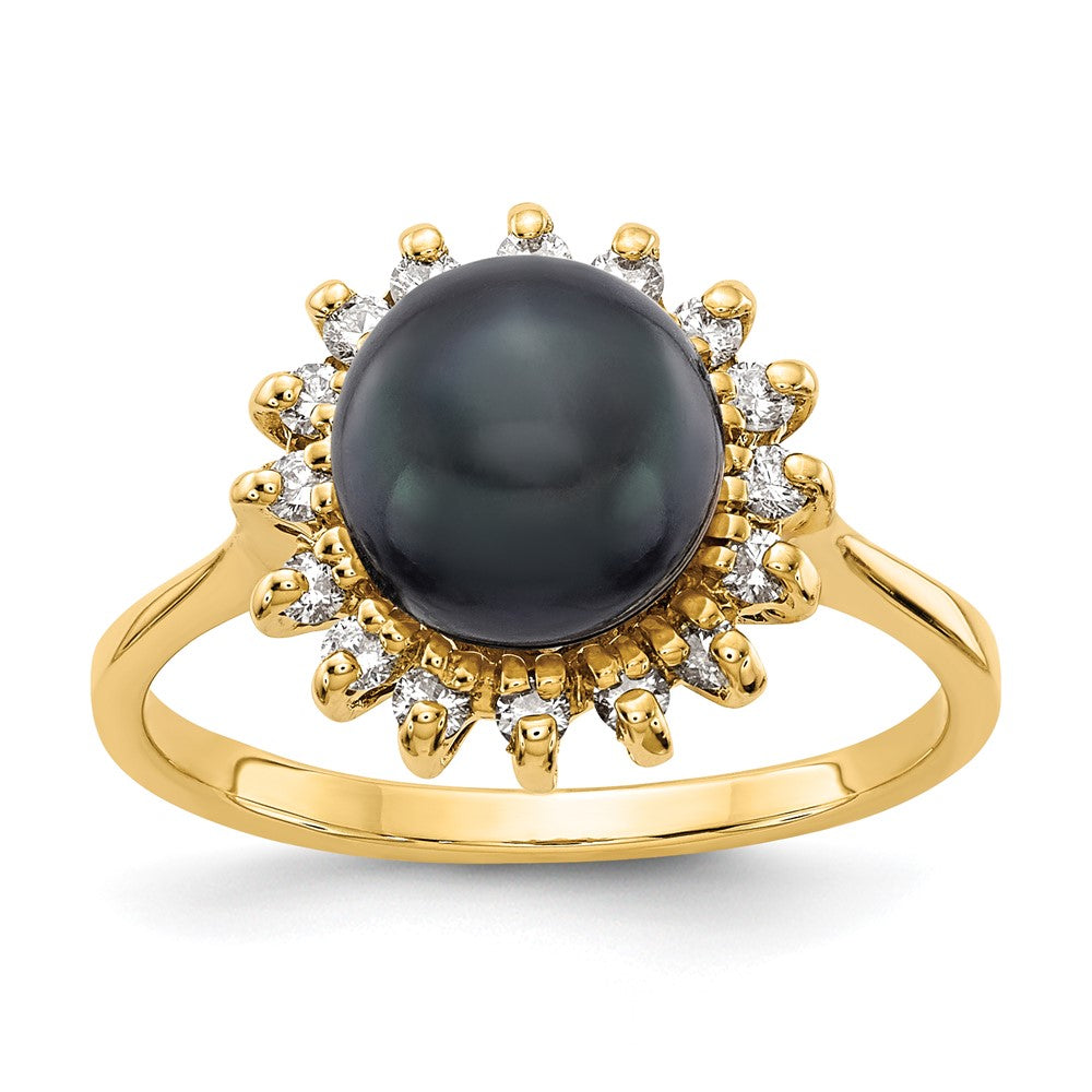 14k 7.5mm Black Freshwater Cultured Pearl and 1/4 carat VS Diamond Halo Ring, 0.24 ct, Size 6