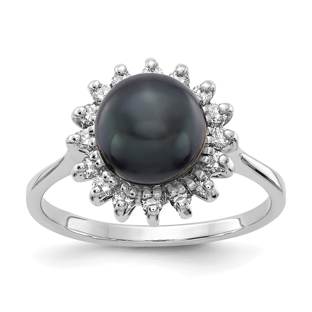 14k White Gold 7.5mm Black Freshwater Cultured Pearl and 1/4 carat AAA Diamond Halo Ring, 0.24 ct, Size 6