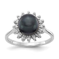 14k White Gold 7.5mm Black Freshwater Cultured Pearl and 1/4 carat VS Diamond Halo Ring, 0.24 ct, Size 6