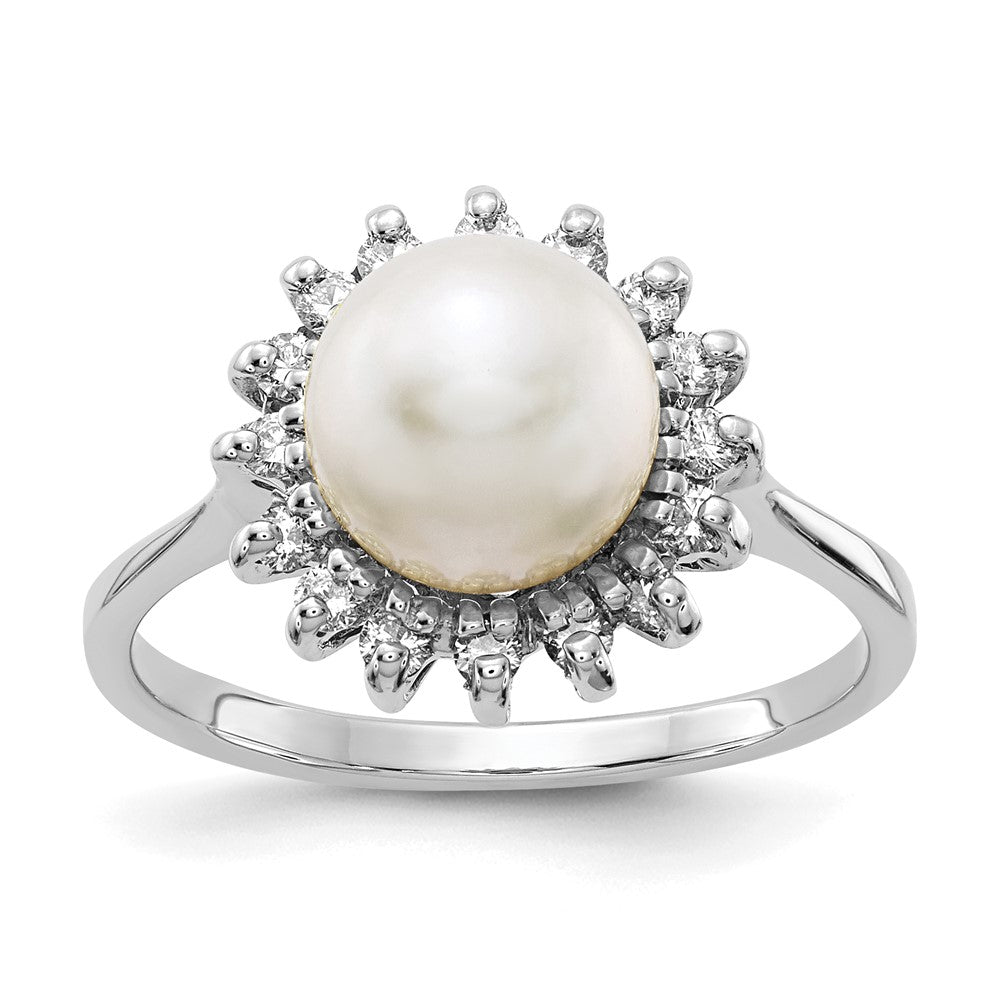 14k White Gold 7.5mm White Freshwater Cultured Pearl and 1/4 carat AAA Diamond Halo Ring, 0.24 ct, Size 6