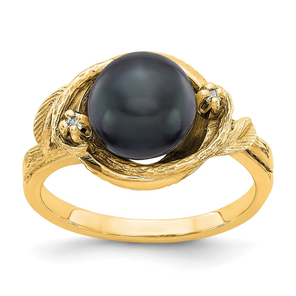 14k 7.5mm Black Freshwater Cultured Pearl and A Diamond Swirl Ring, 0.02 ct, Size 6