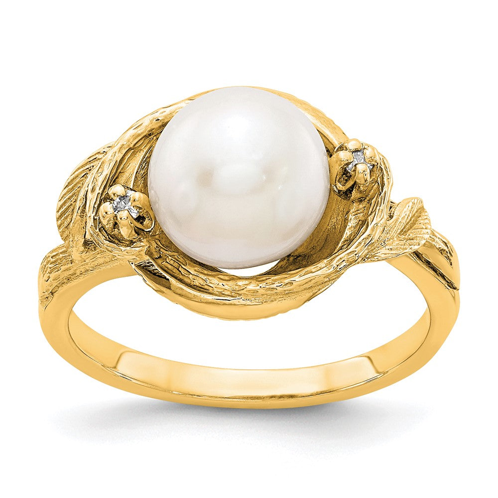 14k 7.5mm White Freshwater Cultured Pearl and A Diamond Swirl Ring, 0.02 ct, Size 6