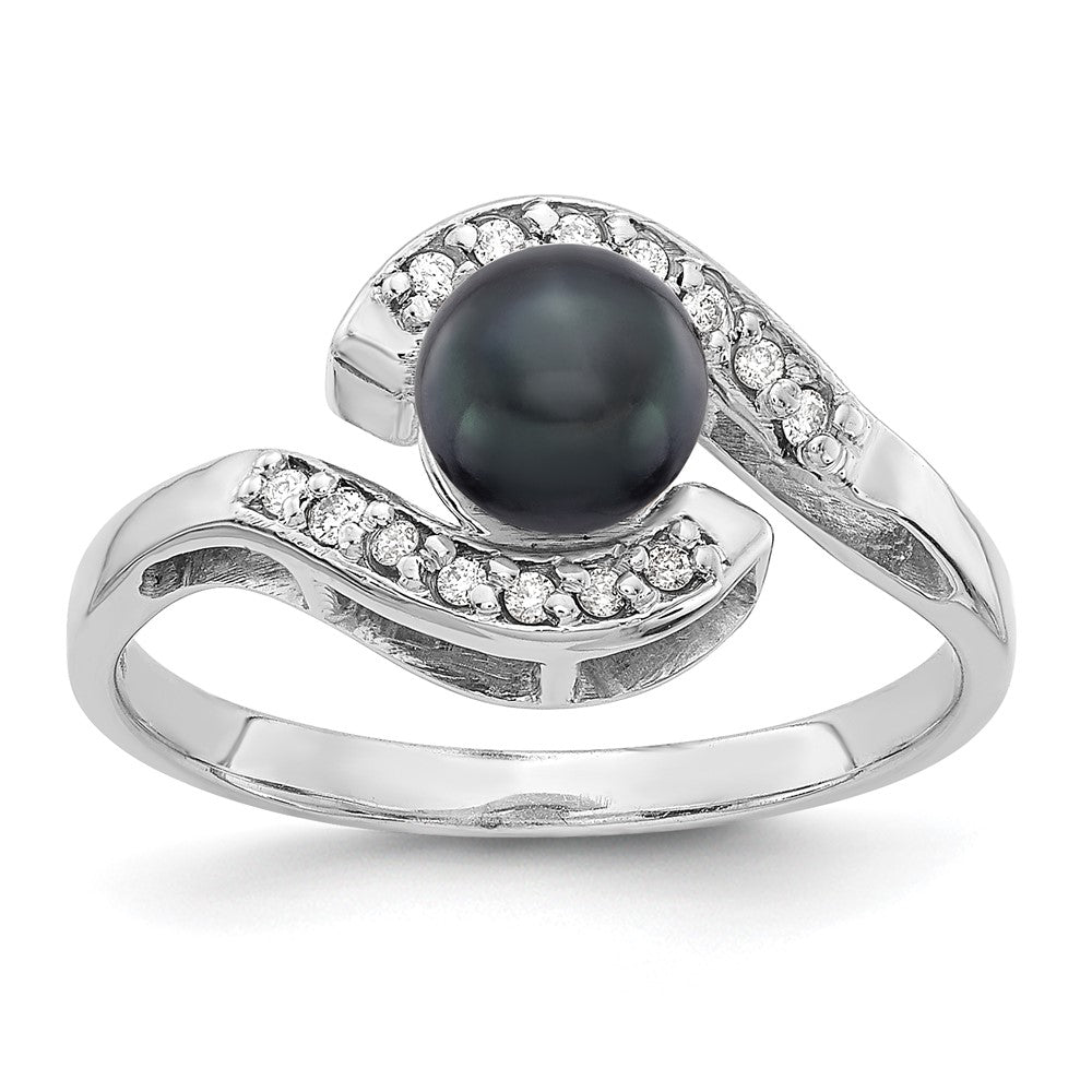 14k White Gold 5.5mm Black Freshwater Cultured Pearl and 1/20 carat A Diamond Bypass Ring, 0.056 ct, Size 6