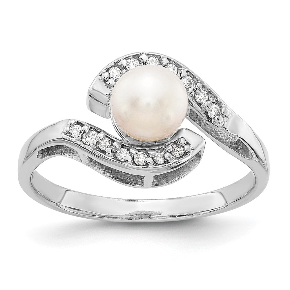 14k White Gold 5.5mm White Freshwater Cultured Pearl and 1/20 carat AA Diamond Bypass Ring, 0.056 ct, Size 6