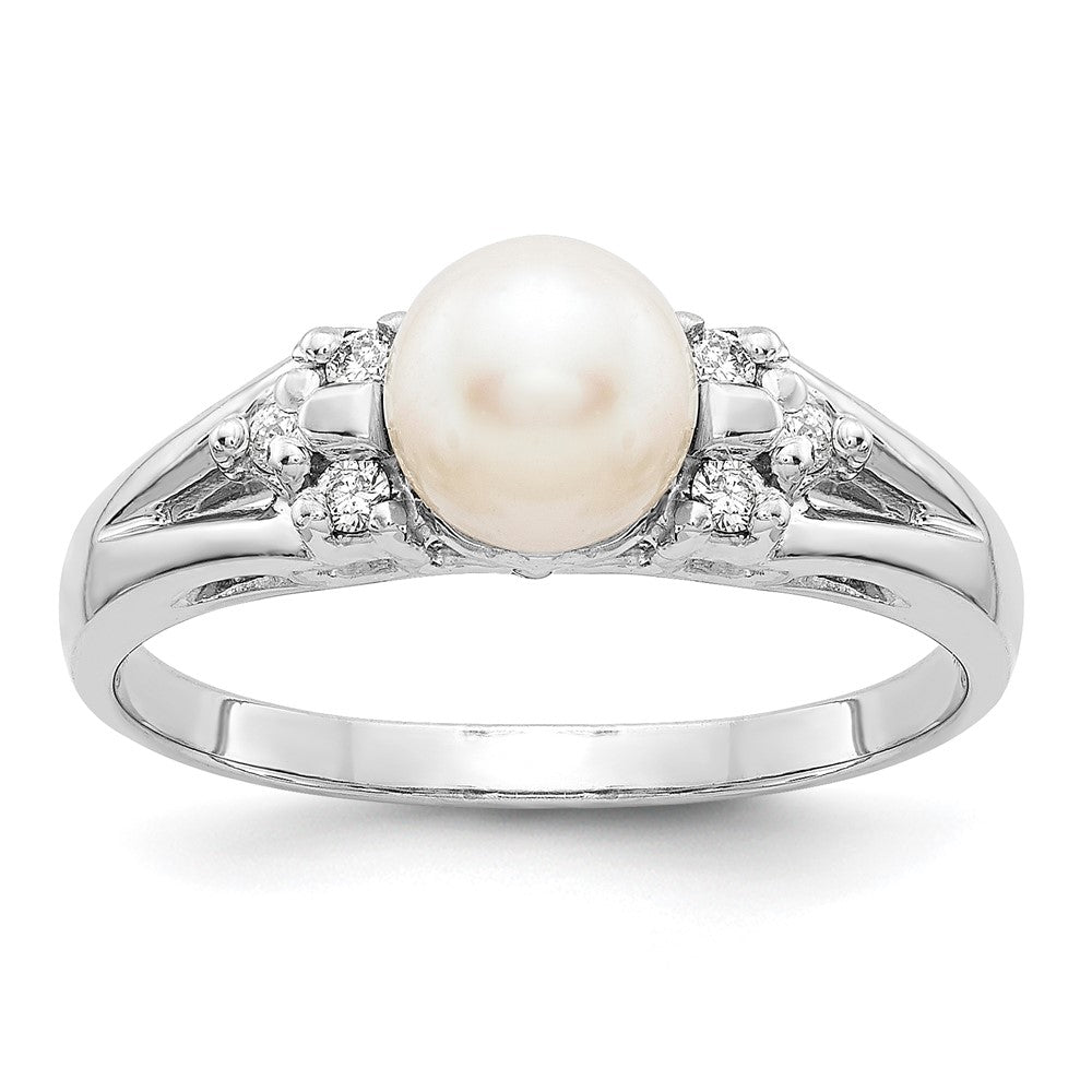 14k White Gold 6mm White Freshwater Cultured Pearl and 1/10 carat AAA Diamond Ring, 0.09 ct