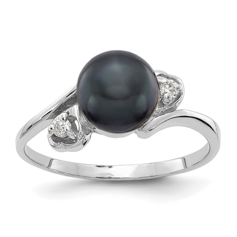14k White Gold 7mm Black Freshwater Cultured Pearl and 1/20 carat A Diamond Ring, 0.04 ct, Size 6
