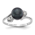 14k White Gold 7mm Black Freshwater Cultured Pearl and 1/20 carat AA Diamond Ring, 0.04 ct, Size 6