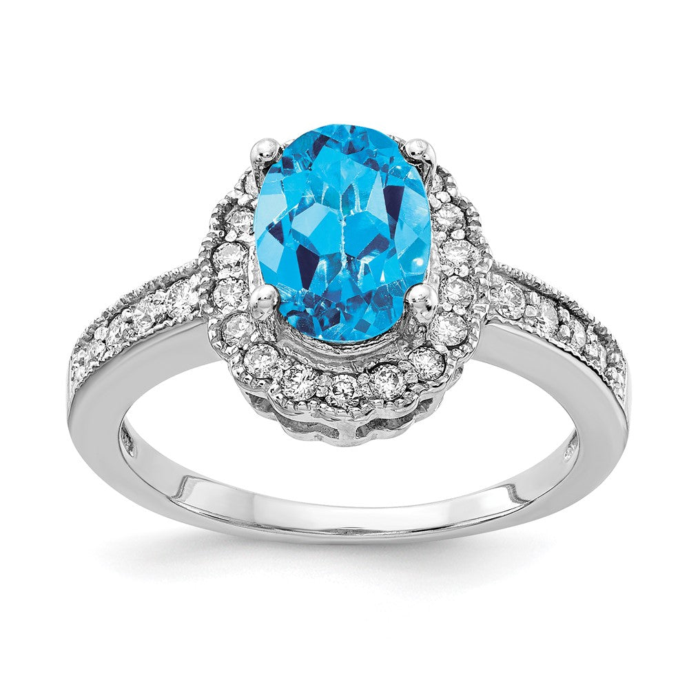 14k White Gold 8x6mm Oval Blue Topaz and 1/3 carat AA Diamond Halo Ring, 1.626 ct