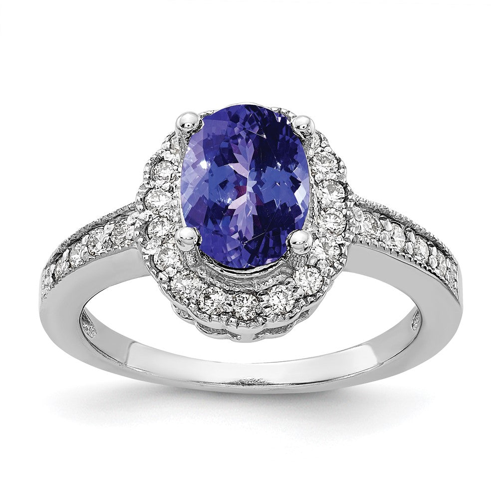 14k White Gold 8x6mm Oval Tanzanite and 1/4 carat AAA Diamond Halo Ring, 1.626 ct