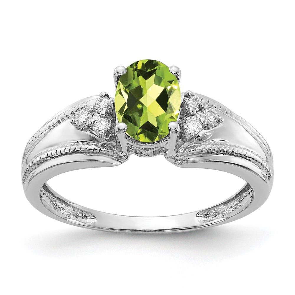 14k White Gold 7x5mm Oval Peridot and 1/15 carat AA Diamond Ring, 0.922 ct, Size 6