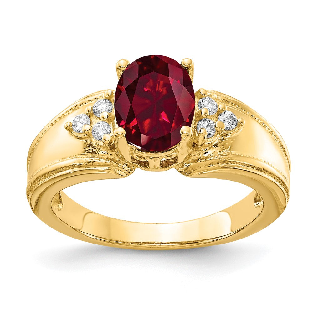 14k 8x6mm Oval Lab-Created Ruby and 1/10 carat AA Diamond Ring, 0.09 ct