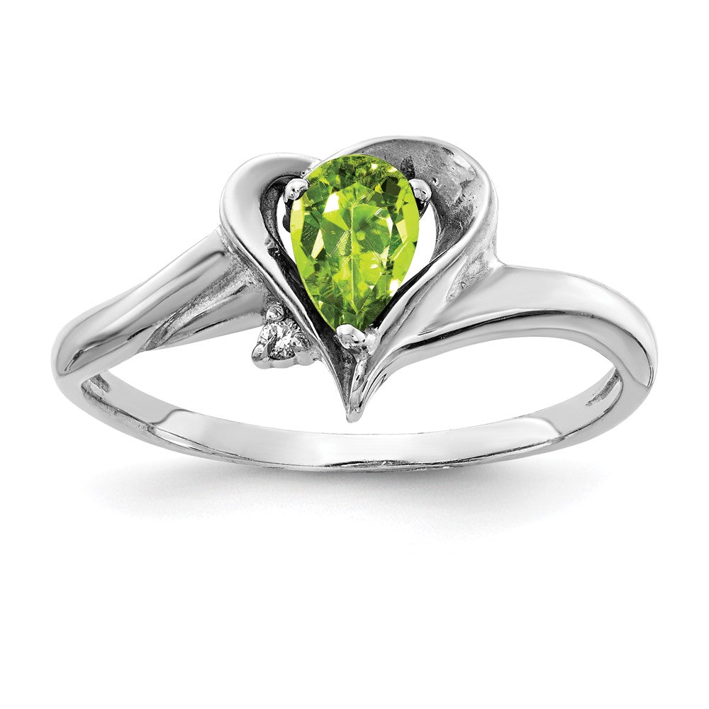 14k White Gold 6x4mm Pear Peridot and AA Diamond Ring, 0.41 ct