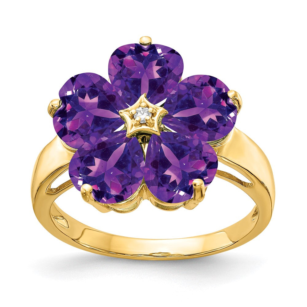 14k 6mm Heart Amethyst and AAA Diamond Flower Ring, 3.41 ct