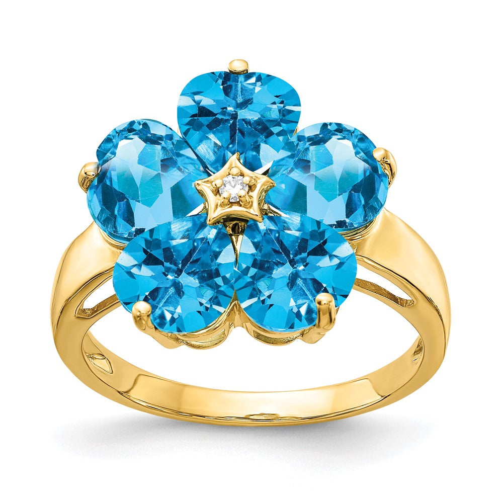 14k 6mm Heart Blue Topaz and AA Diamond Flower Ring, 5.26 ct