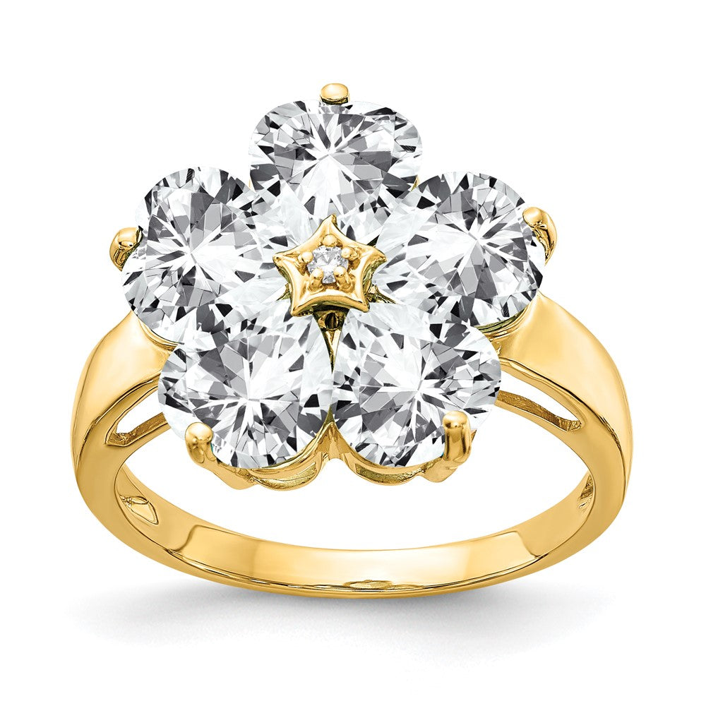 14k 6mm Heart Cubic Zirconia and AA Diamond Flower Ring, 0.01 ct