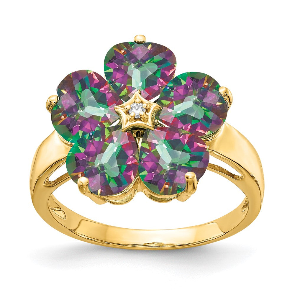 14k 6mm Heart Mystic Fire Topaz and AA Diamond Flower Ring, 5.01 ct