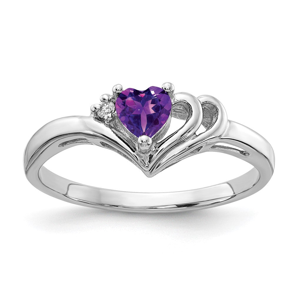 14k White Gold 4mm Heart Amethyst and AAA Diamond Ring, 0.262 ct, Size 6