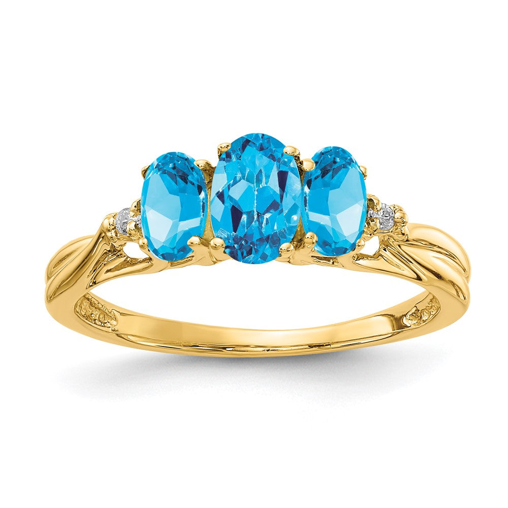14k 6x4 / 5x3mm Oval Blue Topaz and Diamond 3-Stone Ring, 1.18 ct