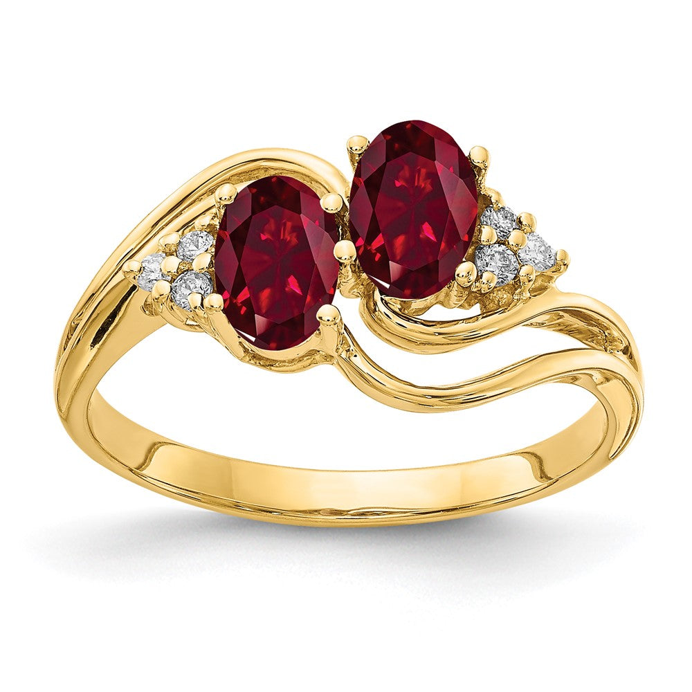 14k 6x4mm Oval Lab-Created Ruby and 1/20 carat VS Diamond Two-Stone Ring, 1.248 ct