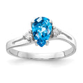 14k White Gold 7x5mm Pear Blue Topaz Checker-cut and 1/20 carat A Diamond Ring, 1.05 ct, Size 6