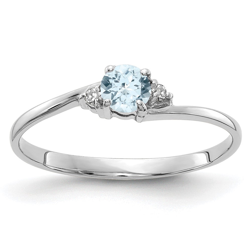 14k White Gold 4mm Round Aquamarine and AA Diamond Ring, 0.266 ct, Size 6, 1.5 mm