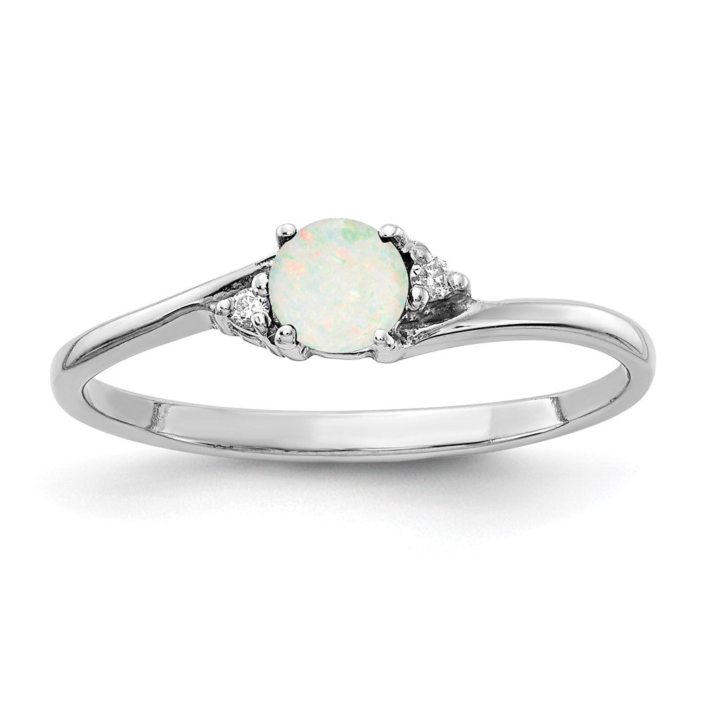 14k White Gold 4mm Round Opal and AAA Diamond Ring, 0.176 ct, Size 6, 1.5 mm