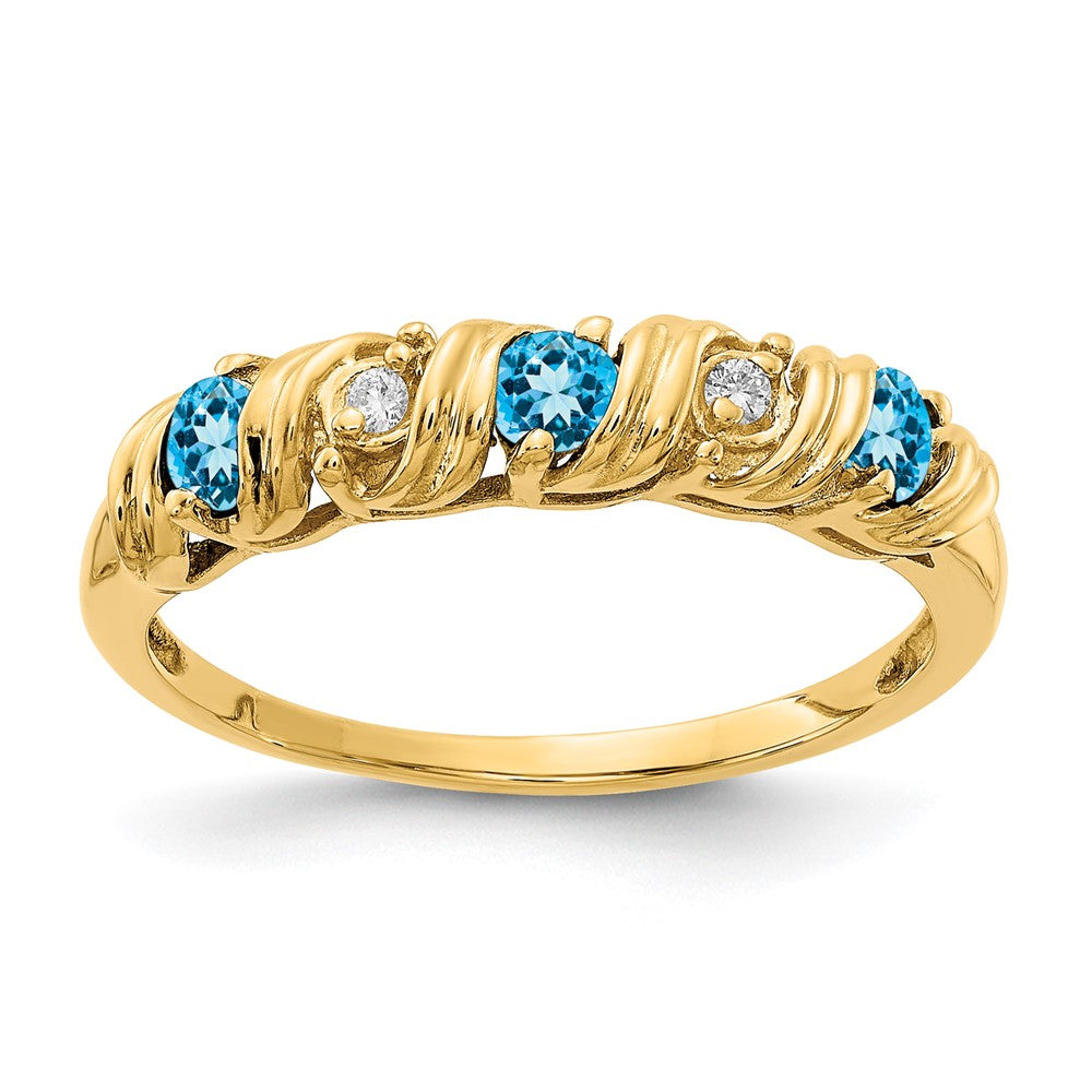 14k 2.75mm Round Blue Topaz and AA Diamond Twist Ring, 0.294 ct, Size 6