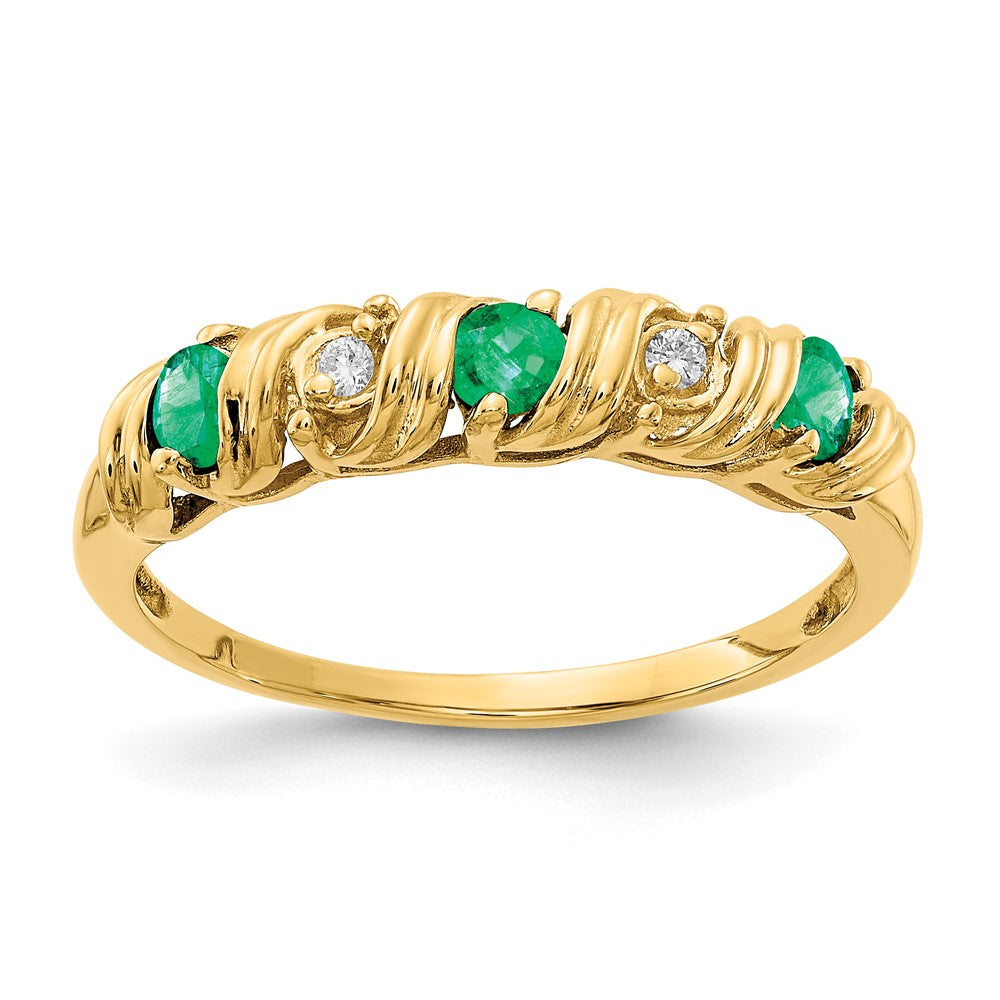 14k 2.75mm Emerald and AAA Diamond Twist Ring, 0.294 ct, Size 6