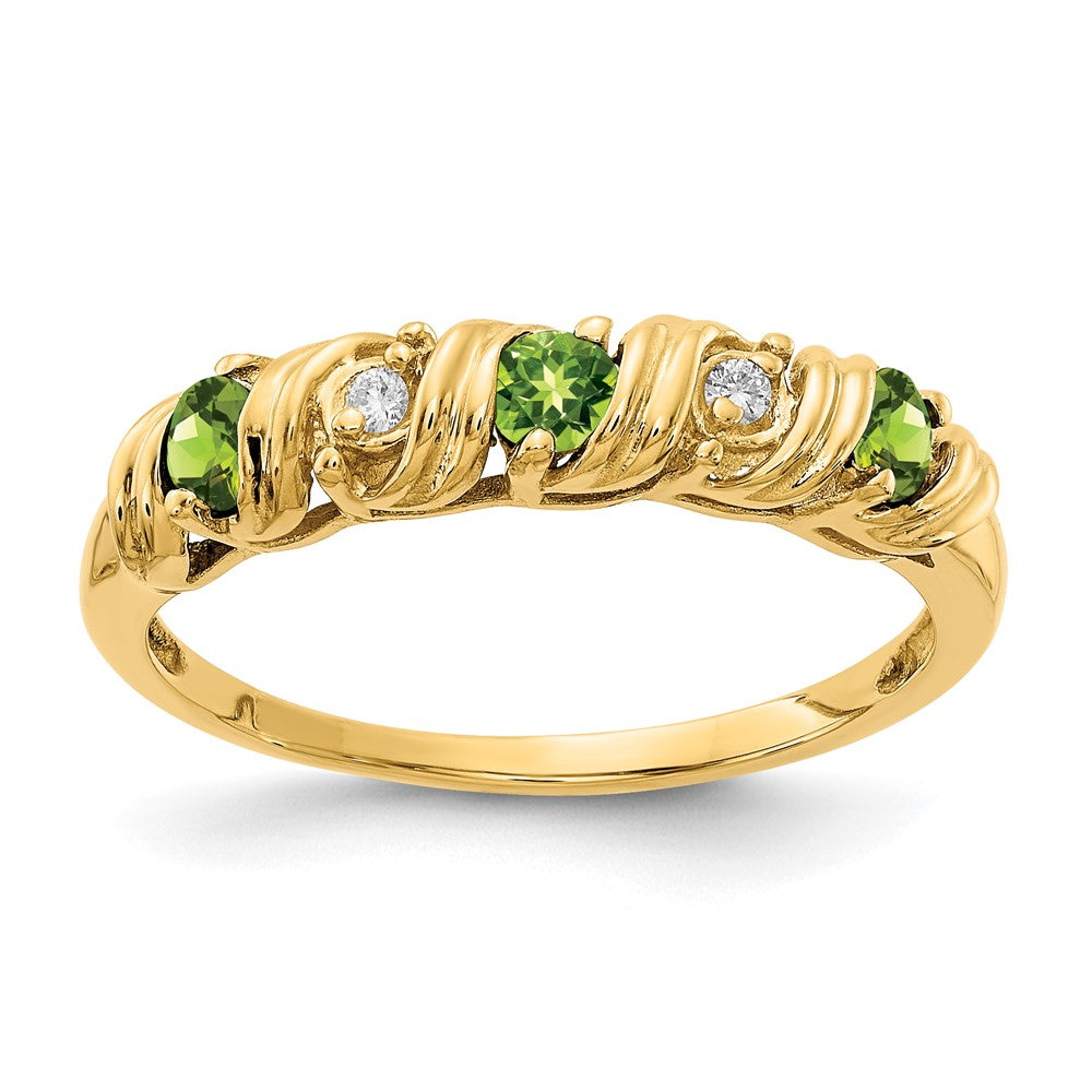 14k 2.75mm Round Peridot and VS Diamond Twist Ring, 0.294 ct, Size 6