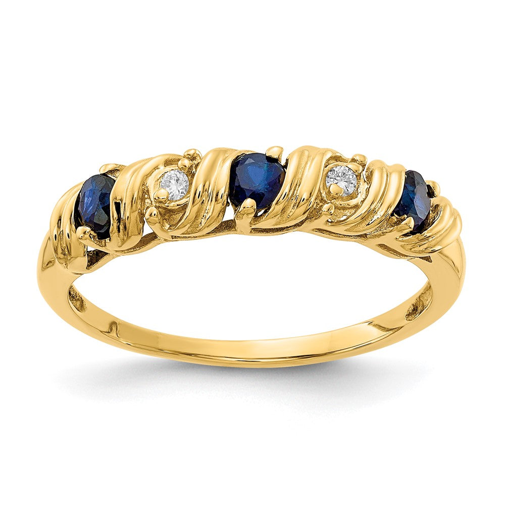 14k 2.75mm Blue Sapphire and VS Diamond Twist Ring, 0.414 ct, Size 6