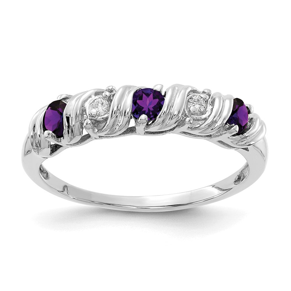 14k White Gold 2.75mm Round Amethyst and A Diamond Twist Ring, 0.264 ct, Size 6