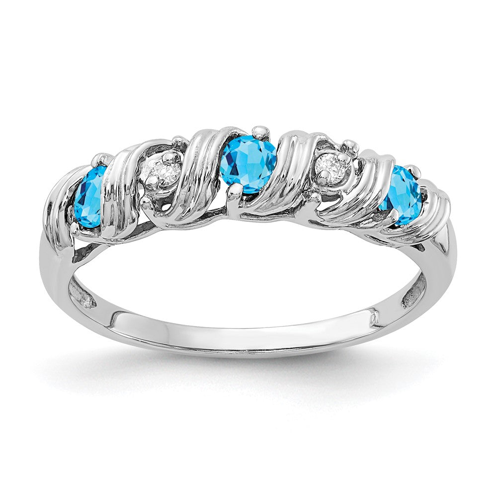 14k White Gold 2.75mm Round Blue Topaz and AA Diamond Twist Ring, 0.294 ct, Size 6