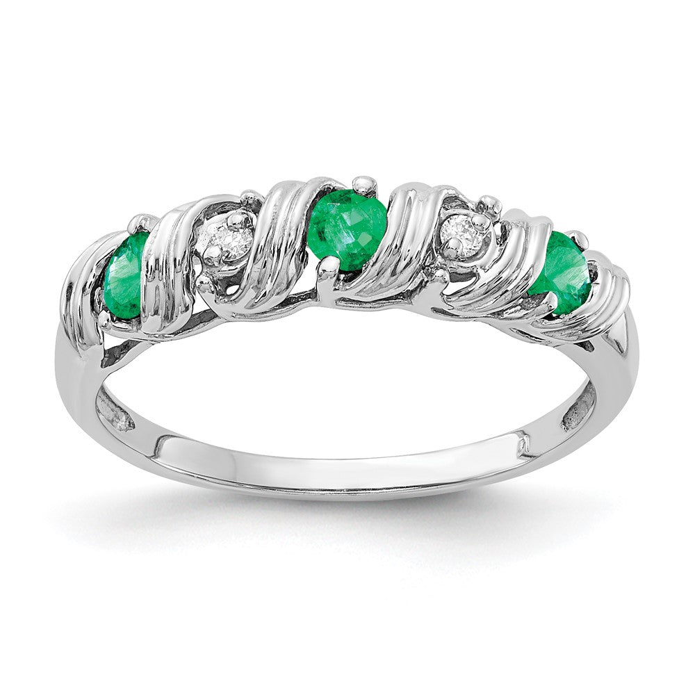 14k White Gold 2.75mm Emerald and AAA Diamond Twist Ring, 0.294 ct, Size 6