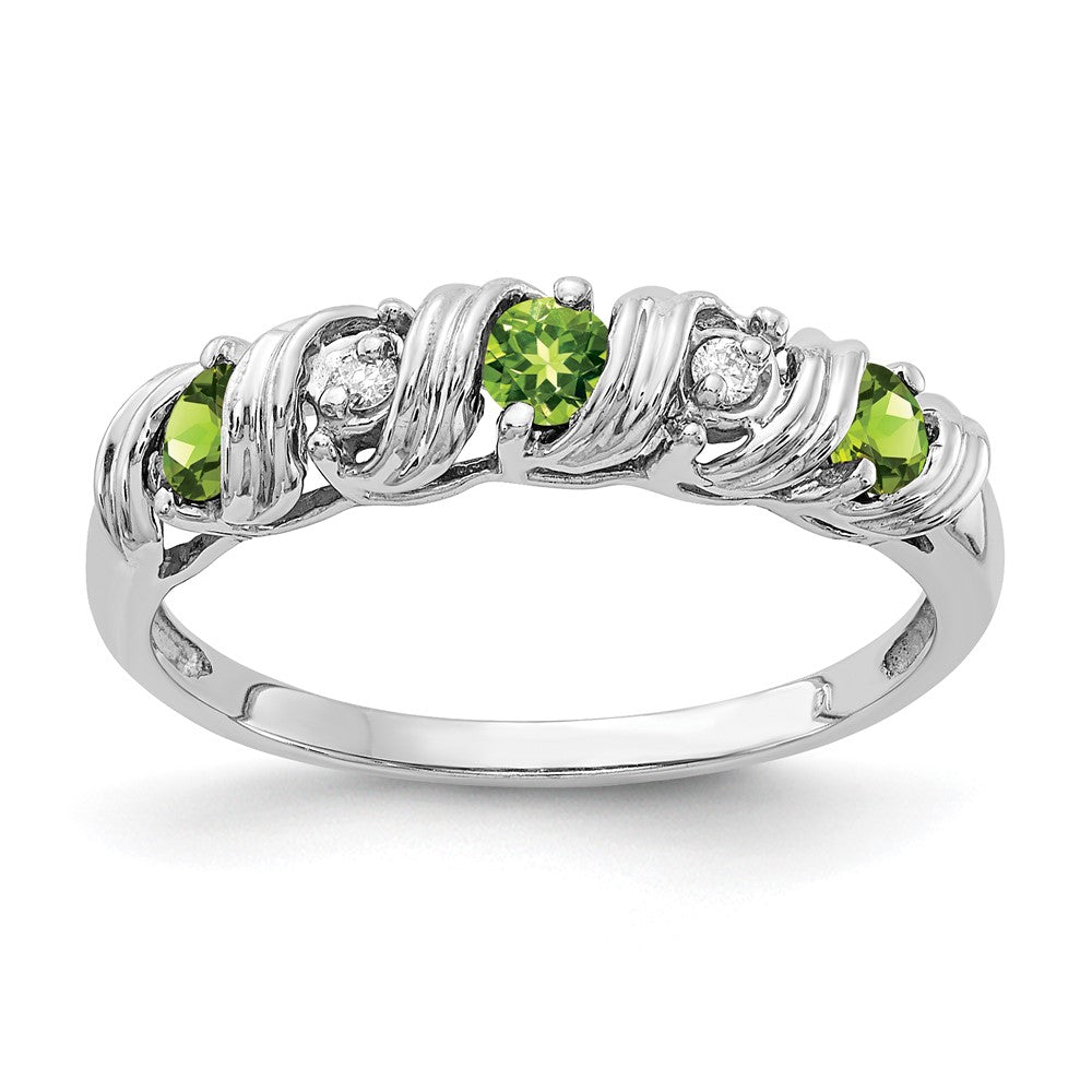 14k White Gold 2.75mm Round Peridot and A Diamond Twist Ring, 0.294 ct, Size 6