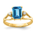 14k 8x6mm Emerald-cut Blue Topaz and 1/20 carat A Diamond Ring