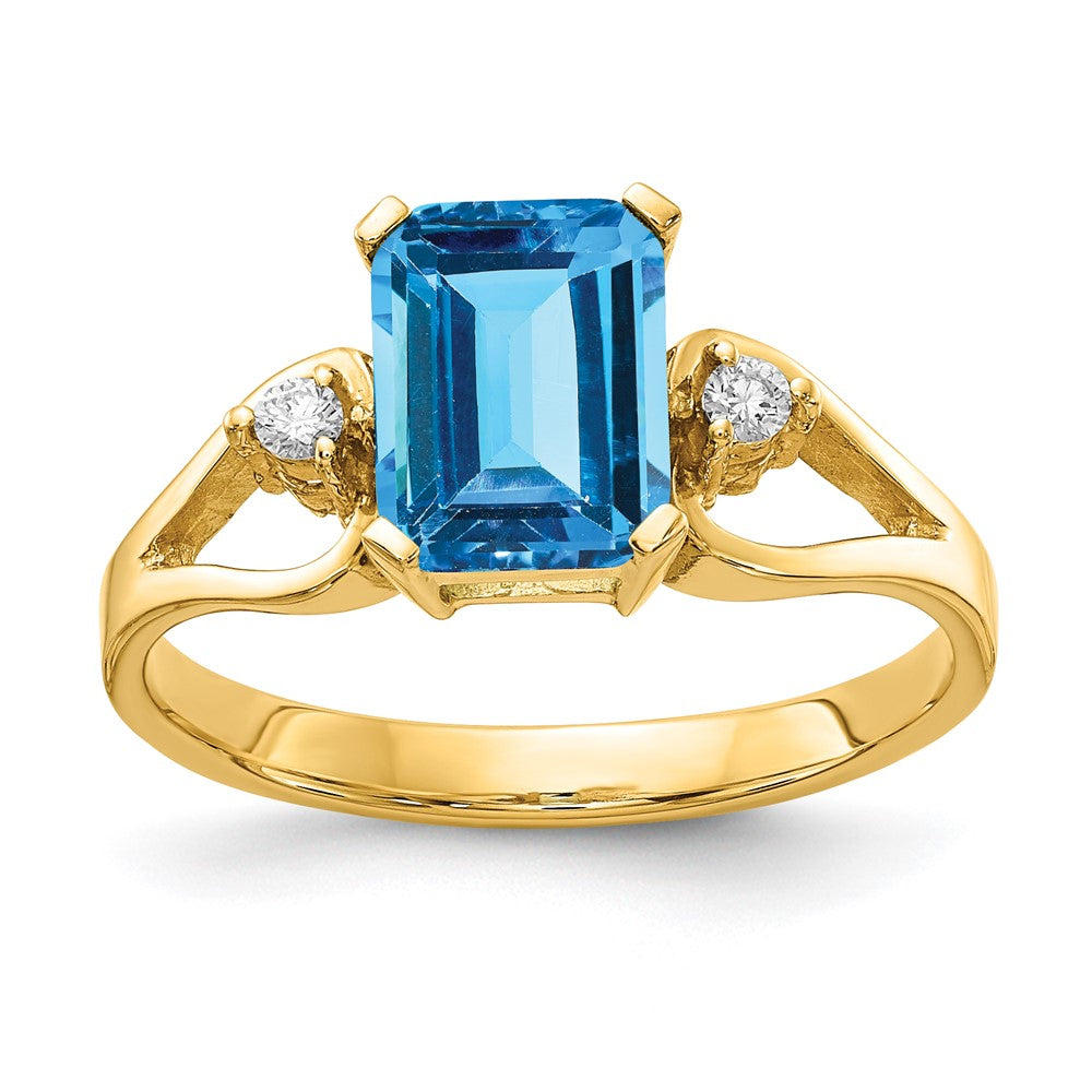 14k 8x6mm Emerald-cut Blue Topaz and 1/20 carat A Diamond Ring
