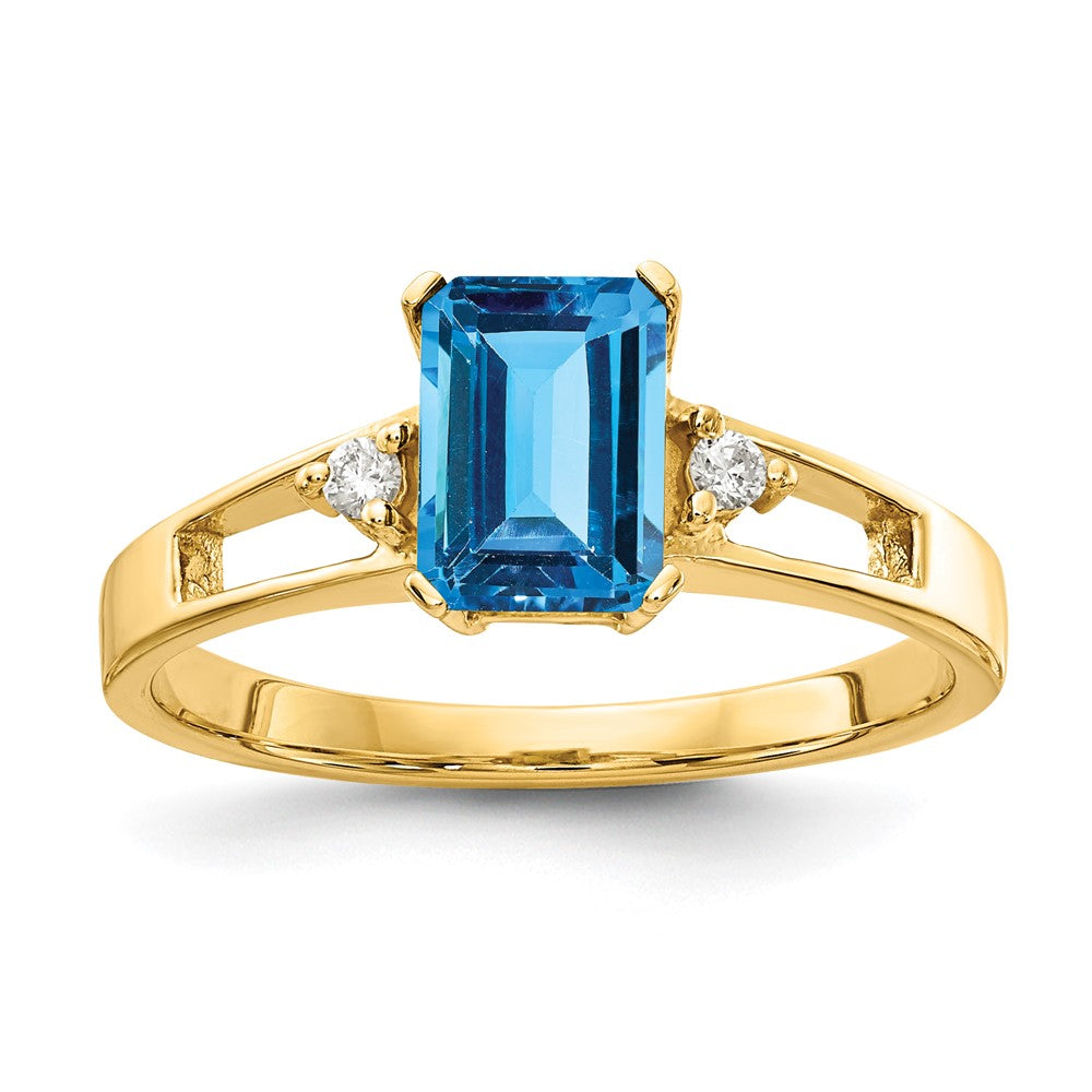 14k 7x5mm Emerald-cut Blue Topaz and 1/20 carat A Diamond Ring, 1.34 ct, Size 6