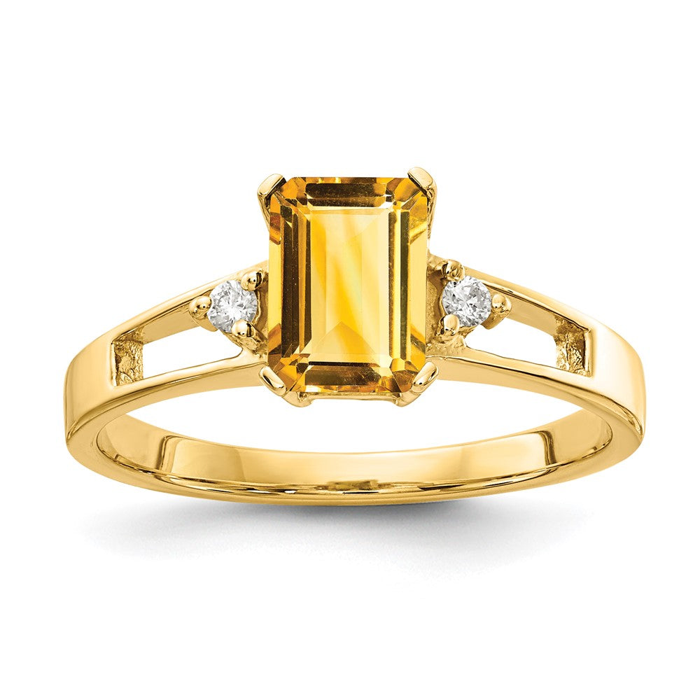 14k 7x5mm Emerald-cut Citrine and 1/20 carat AA Diamond Ring, 0.99 ct, Size 6