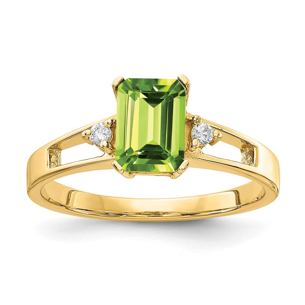 14k 7x5mm Emerald Cut Peridot AA Diamond ring, 1.04 ct, Size 6