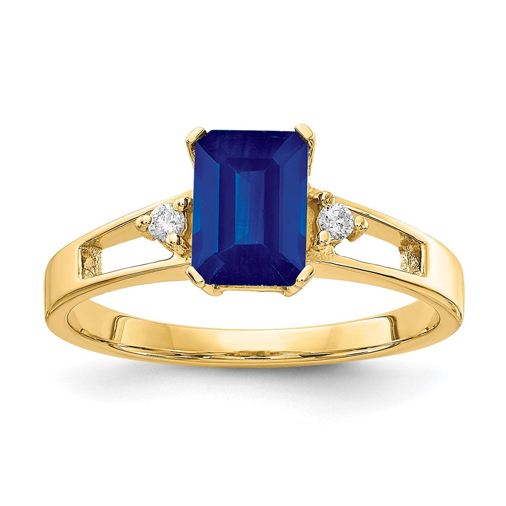 14k 7x5mm Emerald-cut Blue Sapphire and 1/20 carat AA Diamond Ring, 1.24 ct, Size 6