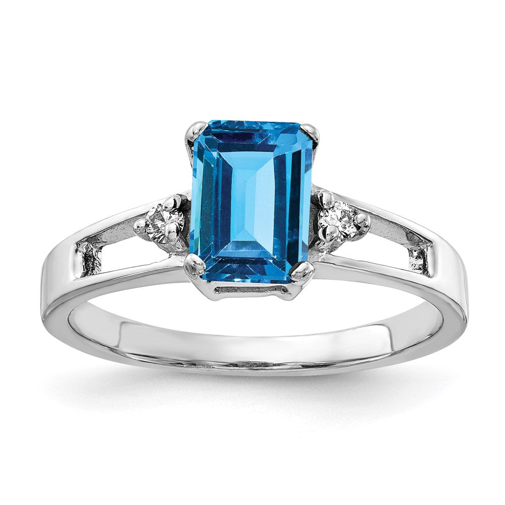 14k White Gold 7x5mm Emerald-cut Blue Topaz and 1/20 carat VS Diamond Ring, 1.34 ct, Size 6