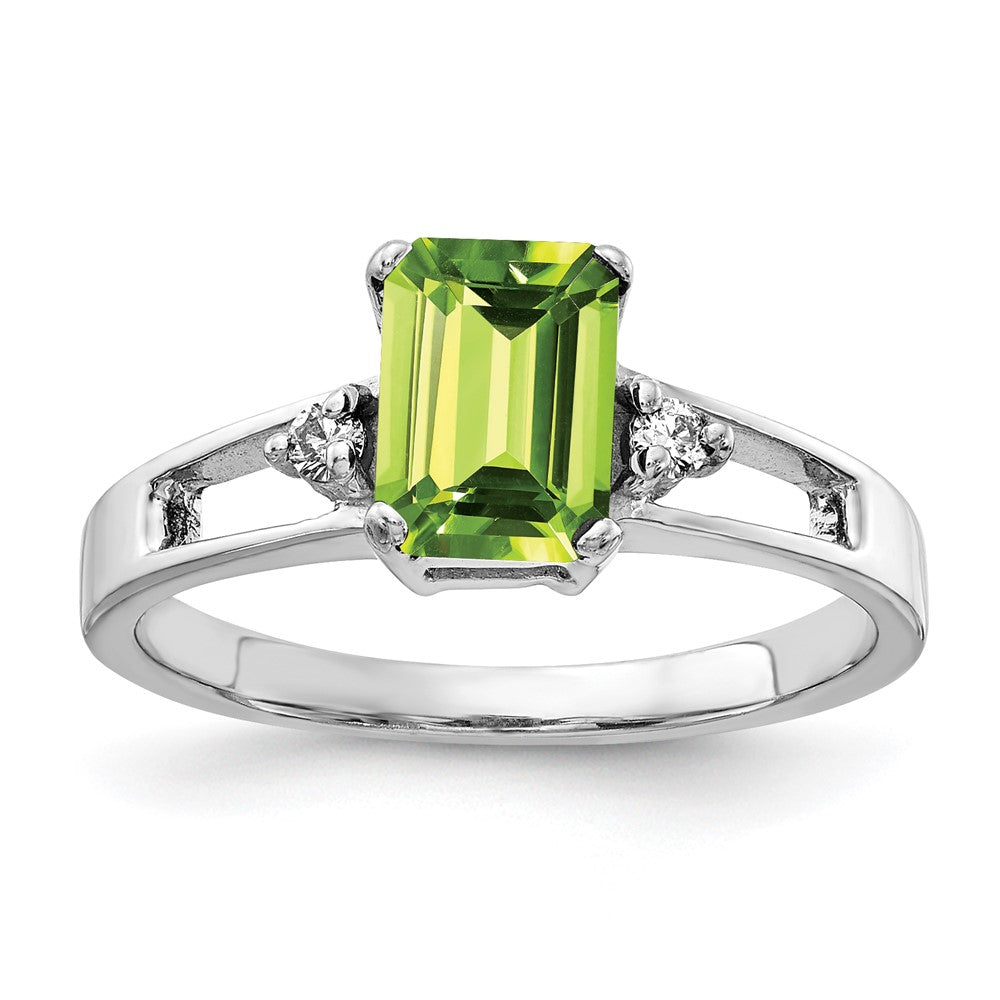 14k White Gold 7x5mm Emerald Cut Peridot and 1/20 carat AA Diamond Ring, 1.04 ct, Size 6