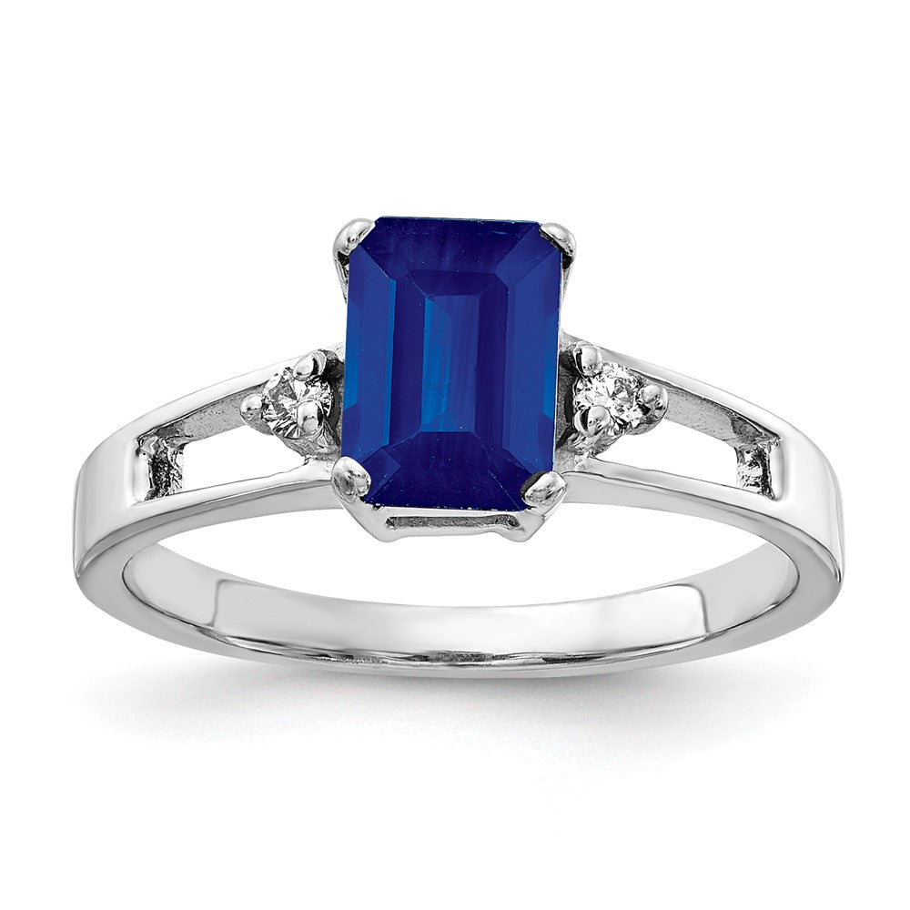 14k White Gold 7x5mm Emerald-cut Blue Sapphire and 1/20 carat AA Diamond Ring, 1.24 ct, Size 6, 2.31 g