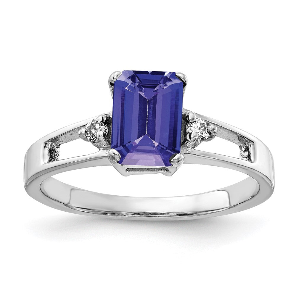 14k White Gold 7x5mm Emerald-cut Tanzanite and 1/20 carat AA Diamond Ring, 1.19 ct, Size 6