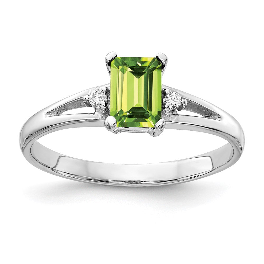 14k White Gold 6x4mm Emerald-cut Peridot and AA Diamond Ring, 0.624 ct, 2 mm