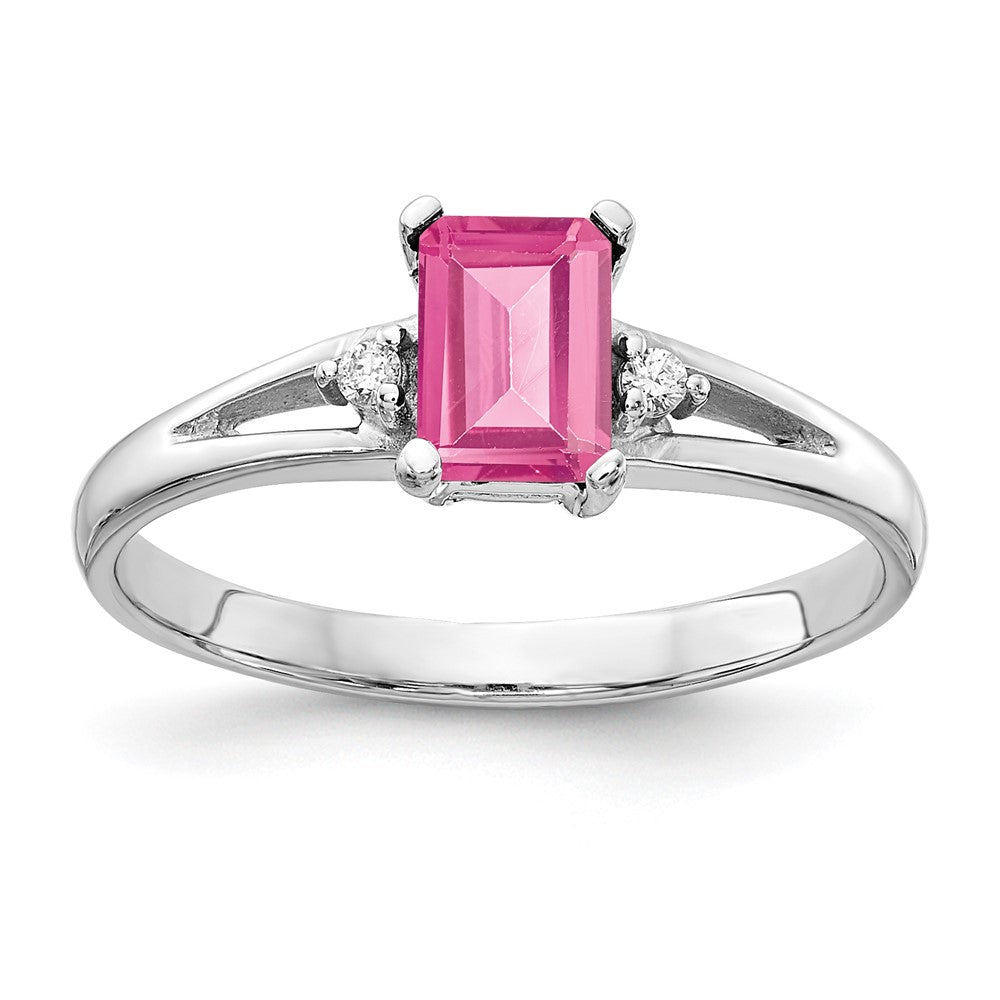 14k White Gold 6x4mm Emerald-Cut Pink Tourmaline and A Diamond Ring, 0.574 ct, 2 mm