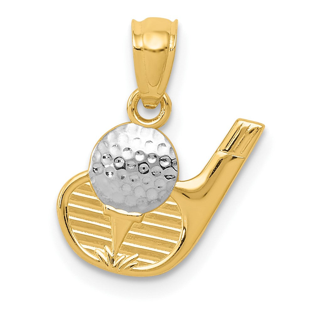 14k and White Rhodium Golf Ball and Club Pendant, 16 x 12 mm