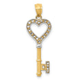 14K and White Rhodium Polished Heart Key Charm, 30 x 10 mm