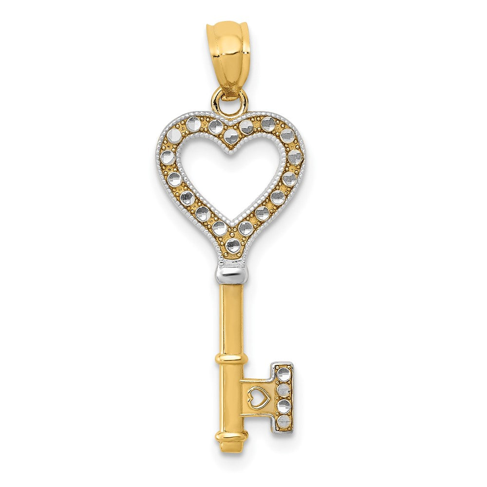 14K and White Rhodium Polished Heart Key Charm, 30 x 10 mm