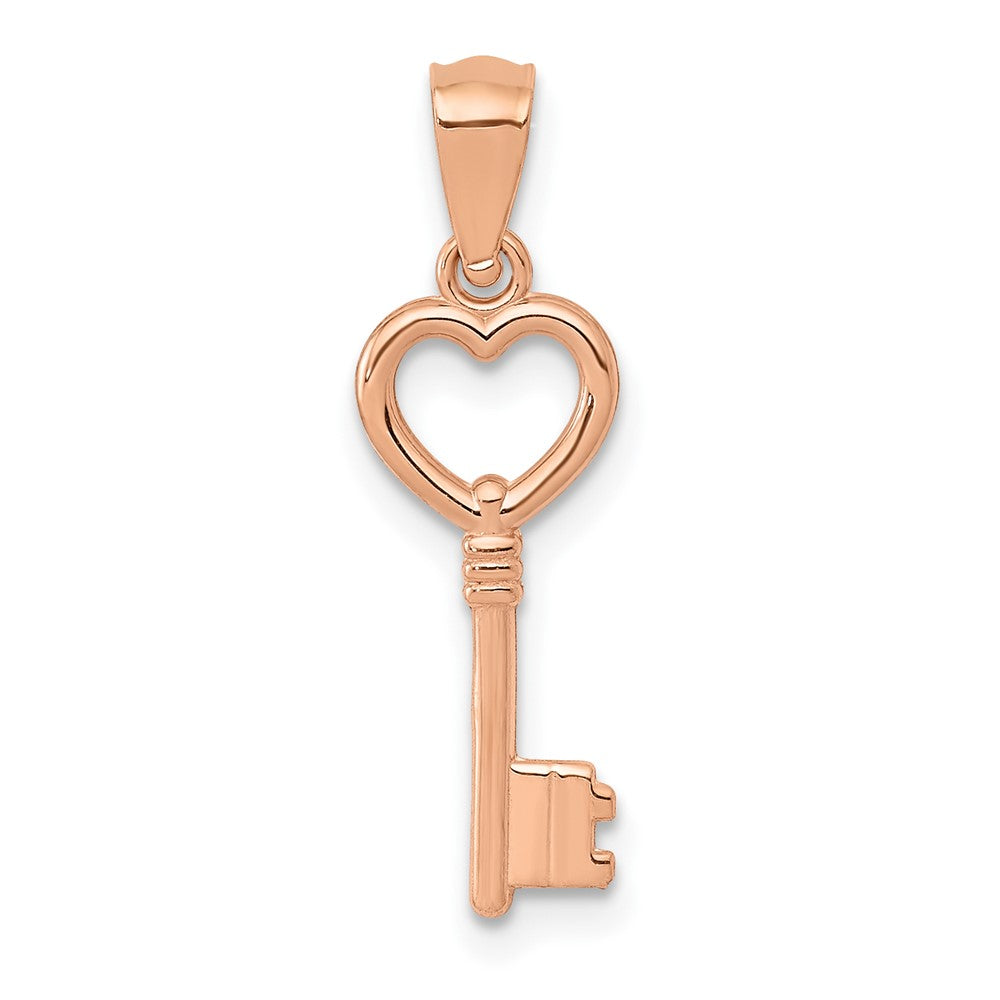 14K Rose Gold 3D Polished Heart Key Charm, 23 x 7 mm